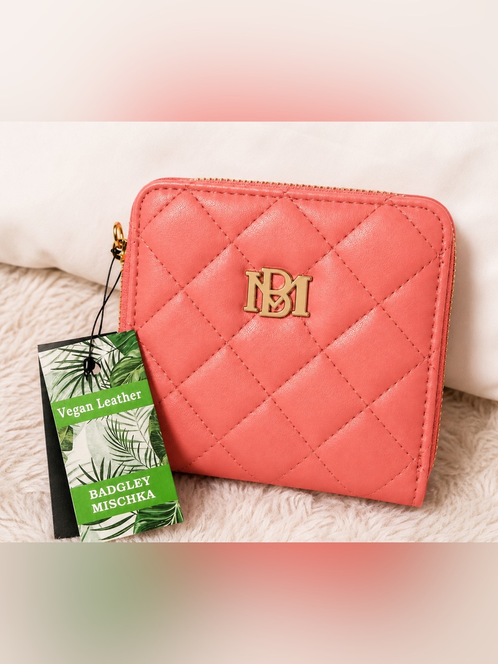 NWT Badgley Mischka Quilted Coral coin purse Zip Wallet Vegan Leather